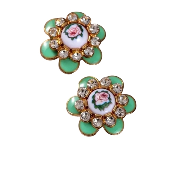 Floral Green and Gold Stud Earrings - Picture 2 of 3
